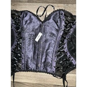 NWT Whimsy Goth ADORE ME Corset Blk Bustier Boned Lace Up Sides Sheer 4X Garters